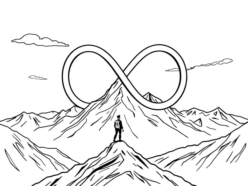 A crisp black line drawing illustration depicting an infinity symbol intertwined with a mountain range, representing limitless potential and ascension. The foreground should feature a figure standing on a peak, looking towards the horizon, symbolizing aspiration and growth. The background should be a clear sky with a few wispy clouds, emphasizing openness and opportunities. The overall composition should convey a sense of elevation and possibility, with a simple, clear design.