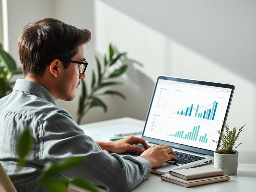 A focused professional analyzing lead generation metrics on a laptop