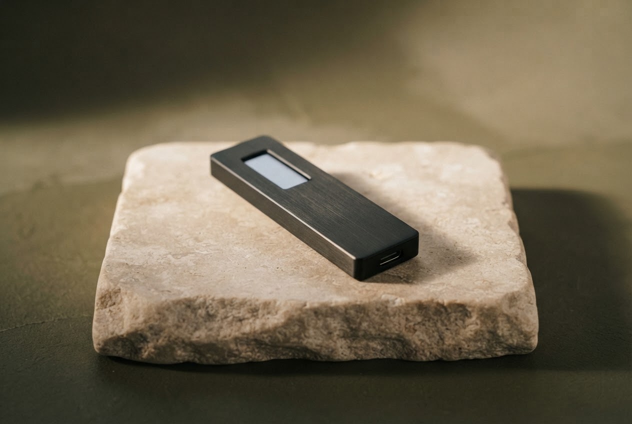 A Ledger-style hardware signer resting on a softly lit stone surface