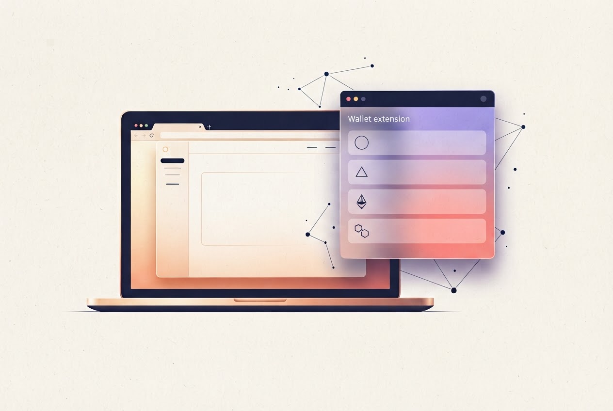 Illustration of a browser window alongside a generic digital wallet panel with abstract asset rows
