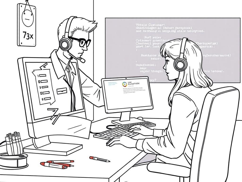 A technician on a call, assisting a customer with a computer issue. The setup includes a computer with error messages on the screen and tools nearby. The image is a detailed black line drawing, capturing the interaction between the technician and the customer, emphasizing problem-solving.