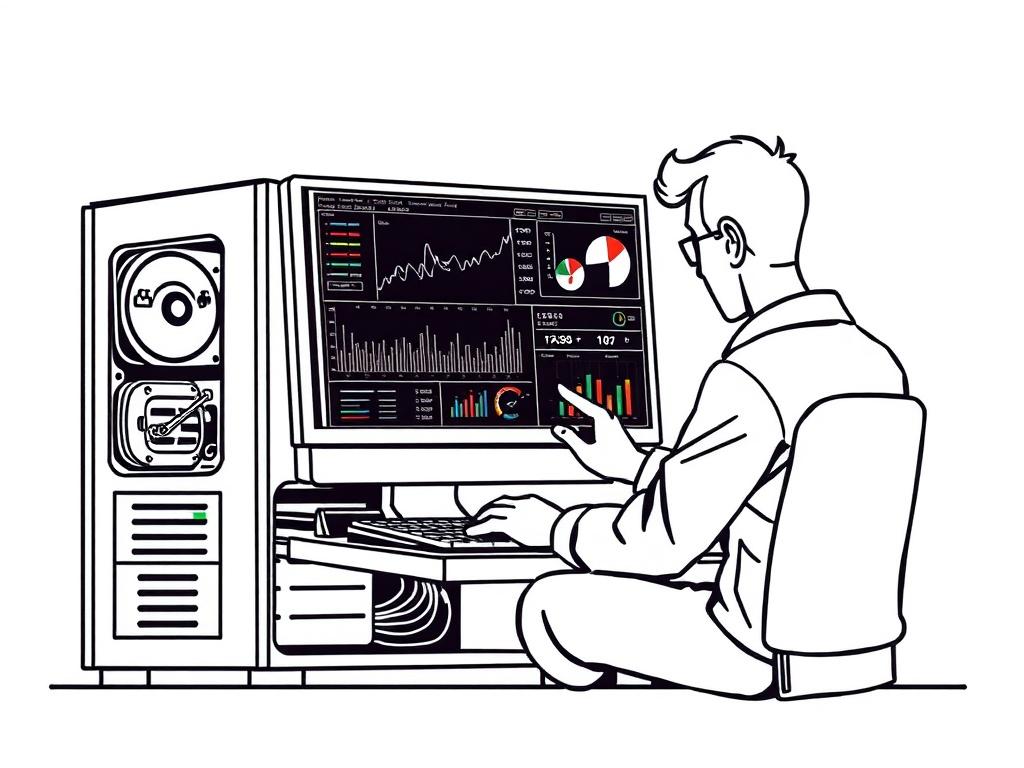 A technician working on a computer monitor displaying performance metrics, with graphs and optimization tools visible. The setting includes a desktop PC with opened casing, showing internal components. The design is a clear black line drawing, emphasizing the technician's focus on improving system performance.