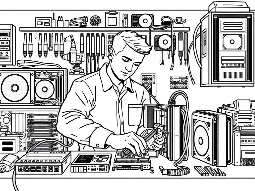 A neatly arranged workspace showcasing a custom-built PC being assembled. The image features a technician working with various high-quality computer components like motherboards, graphics cards, and cooling systems. The background is a clean, organized desk with tools and parts, emphasizing the craftsmanship involved in custom PC building. The style is crisp black line drawing, focusing on the technician and components.