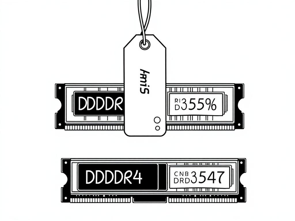 An engaging illustration depicting a price tag hanging from a DDR5 memory module, with a contrasting price tag on a DDR4 module below. The DDR5 tag should show a higher price, while the DDR4 tag shows a more affordable rate. The illustration should convey a sense of comparison and decision-making. The style should be clean and modern, using solid black line drawings.