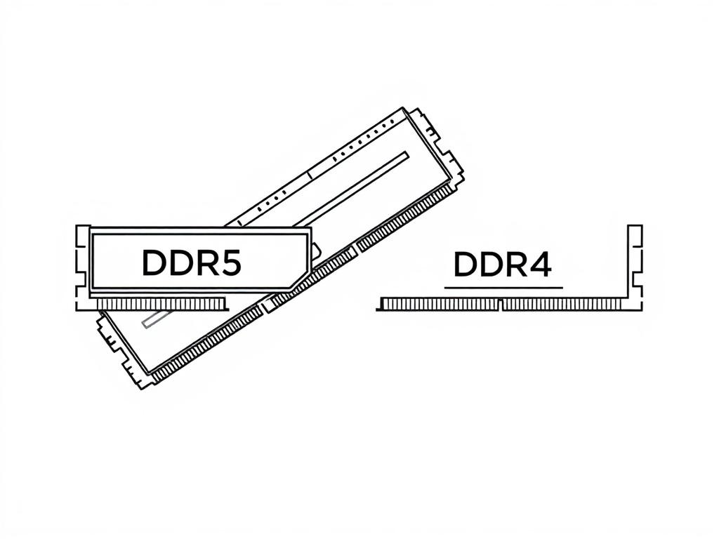 A clear and simple illustration showing two distinct computer memory modules: one labeled DDR5 and the other labeled DDR4. The DDR5 module should appear sleek and futuristic, while the DDR4 module looks more traditional. The background should be minimalistic, emphasizing the comparison between the two memory types. The style should be crisp, with solid black line drawings.