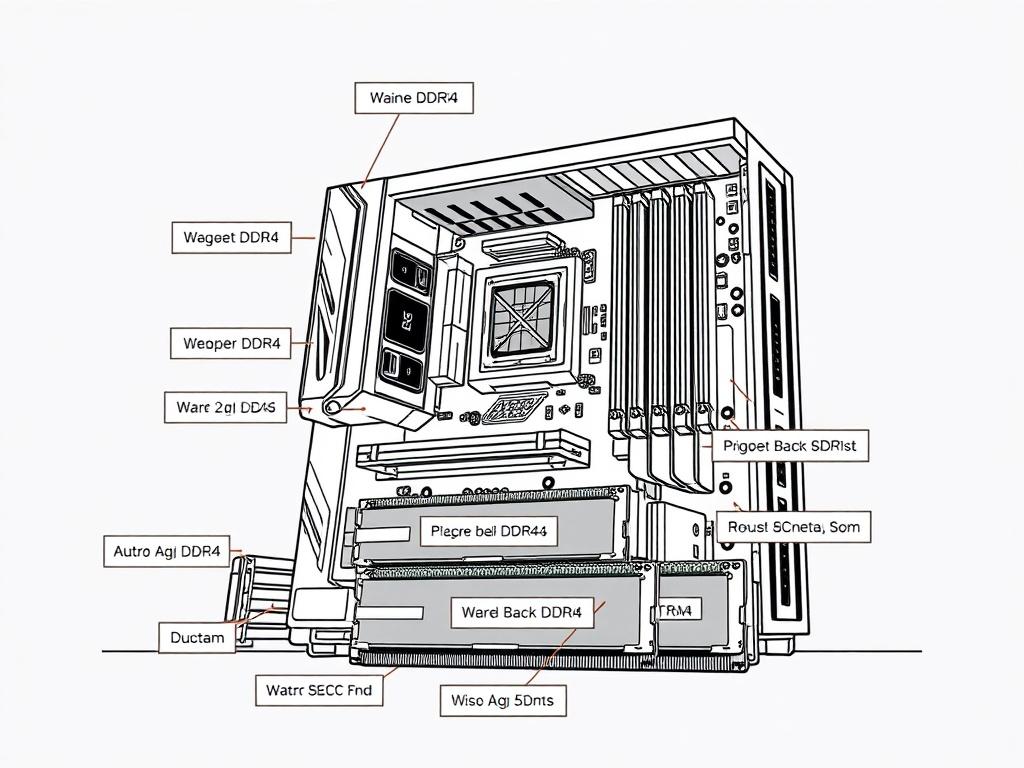 A visually appealing illustration showing a well-structured computer setup featuring DDR4 components like a motherboard and RAM modules. The components should be labeled clearly, showcasing the idea of building a strong DDR4 platform. The background should be simplified to keep the focus on the components. The style should be crisp with solid black line drawings.