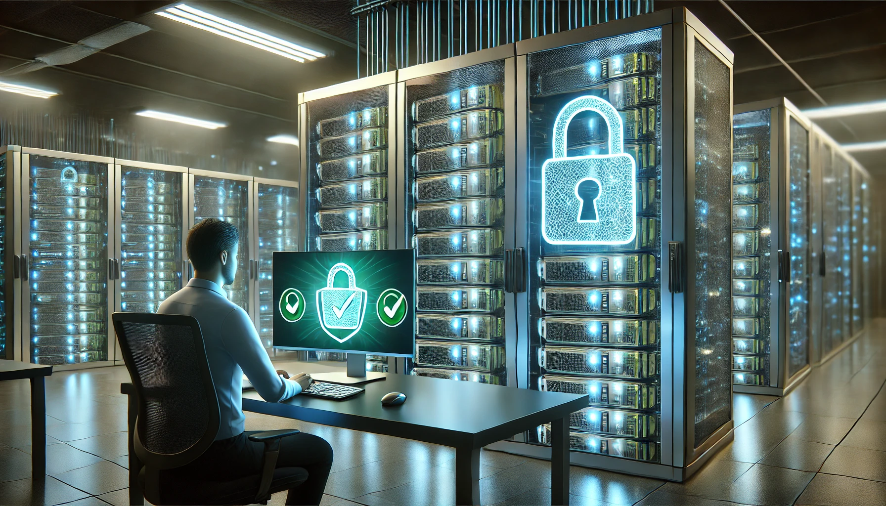 dall·e 2025-03-20 23.59.23 - a realistic digital illustration showing a modern server room with glowing secure locks over each server rack, symbolizing protected hosting. in the f.webp