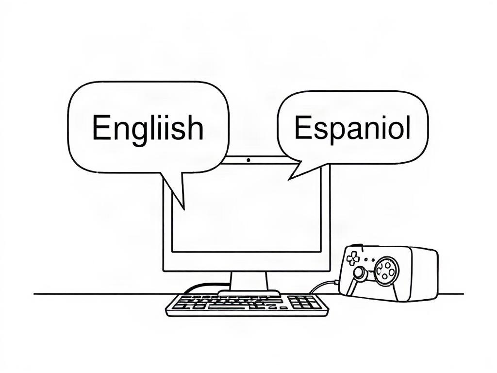 A simple, clear illustration showing two speech bubbles, one labeled 'English' and the other 'Español', with a computer and gaming console in the background. The design should be minimalistic and feature crisp, solid black lines against a clean white background.