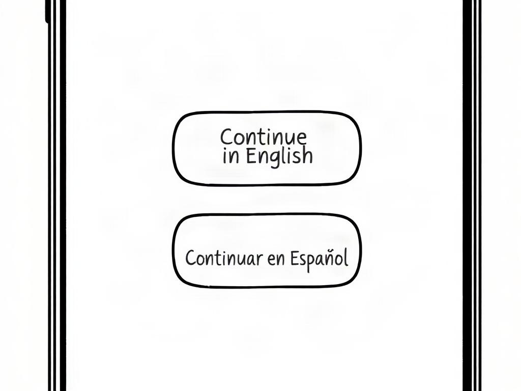 An illustration depicting a smartphone screen showing two large buttons labeled 'Continue in English' and 'Continuar en Español'. The design should be simple and clear, with crisp black line drawings, set against a clean, white background.