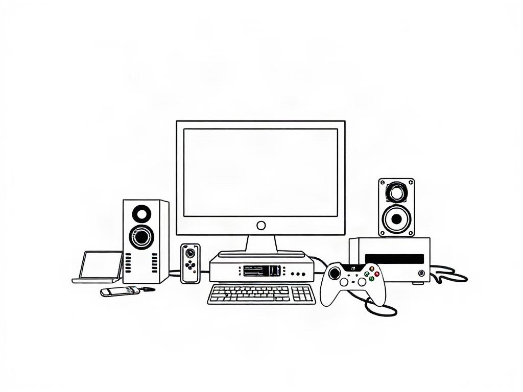 A clean illustration featuring a computer, gaming console, and various electronic gadgets arranged neatly. The design should emphasize clarity and simplicity, executed in crisp black line art against a white background.