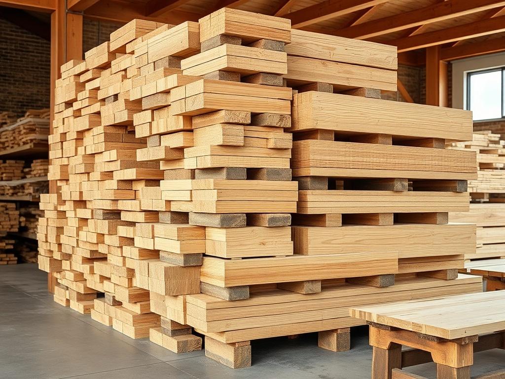 A display of neatly stacked pre milled lumber in varying