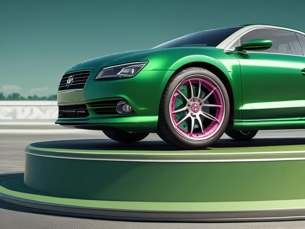 A photorealistic image of a custom designed car wheel displayed
