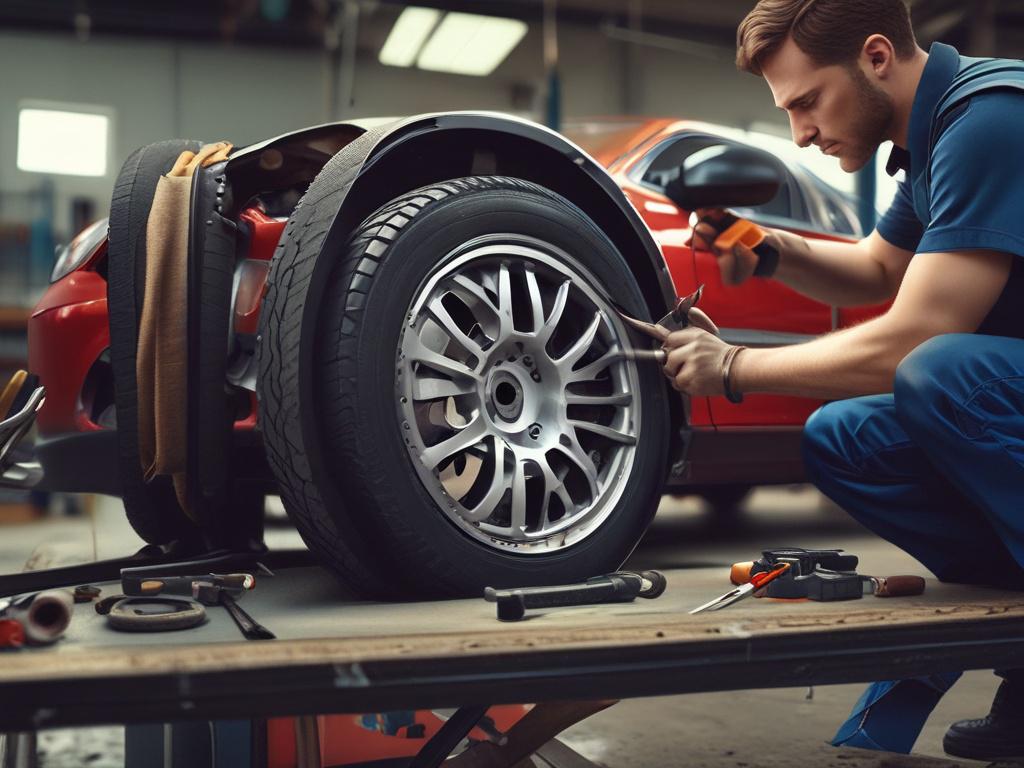 A high resolution image of a damaged car wheel being