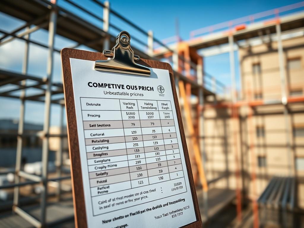 A close-up shot of a clipboard with a competitive quote comparison, highlighting IZZY Scaffolding Ltd.'s unbeatable pricing. The background is a construction site with scaffolding in place, suggesting a mix of professionalism and transparency in pricing. The image captures the essence of trust and value in scaffolding services.