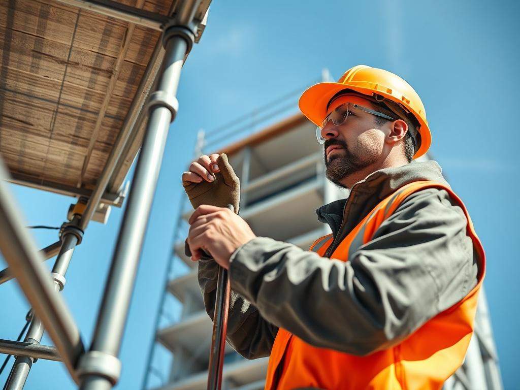 A close-up shot of a certified scaffolder in action, expertly assembling scaffolding at a construction site. The background features a partially completed building, with clear blue skies overhead. The image captures the focus and dedication of the scaffolder, showcasing safety gear and tools in use, emphasizing professionalism and expertise in scaffolding services.