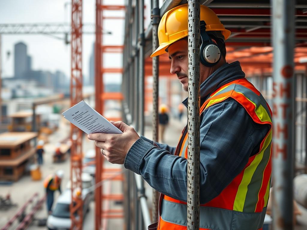 A close-up shot of a scaffolder inspecting scaffolding for safety compliance, wearing safety gear and using a checklist. The background shows a busy construction site with workers in action, emphasizing the importance of safety and adherence to regulations in scaffolding services. The image conveys reliability and vigilance in safety practices.