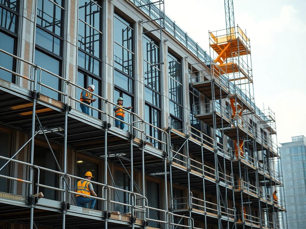 A close-up shot of a large commercial building under construction, with scaffolding surrounding the structure. The scaffolding is robust and professionally installed, highlighting safety features. The image should depict workers in hard hats, safely navigating the scaffolding. The background should be a clear day, allowing for natural light to illuminate the scene. The focus is on the scaffolding and the busy worksite, showcasing IZZY Scaffolding Ltd.'s commitment to quality and safety.