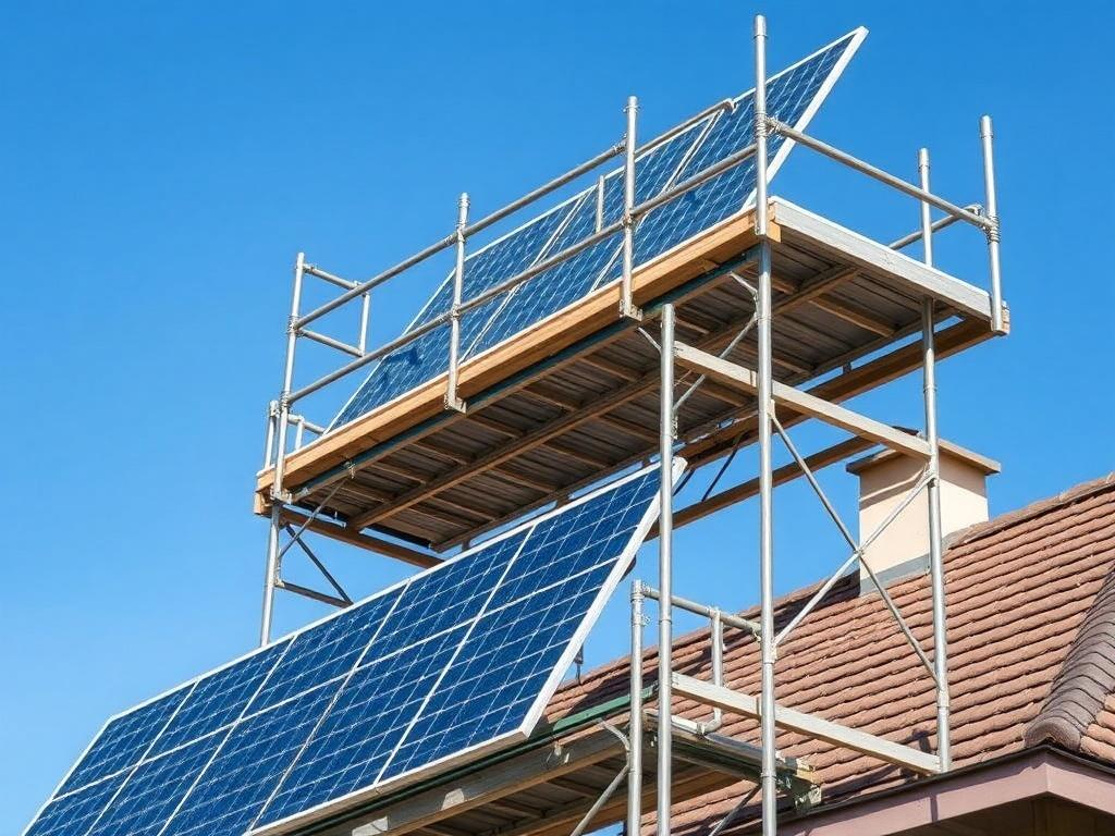 A close-up shot of a sturdy scaffolding structure securely holding solar panels in place on a residential roof. The scaffolding should look robust and safe, with a clear blue sky in the background. The image should have a hyper-realistic quality, showcasing the details of the scaffolding and solar panels, and it should be shot with a 45mm f/1.2 lens to emphasize clarity and depth.