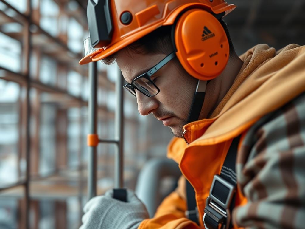 A hyper realistic close up shot of a professional scaffolder