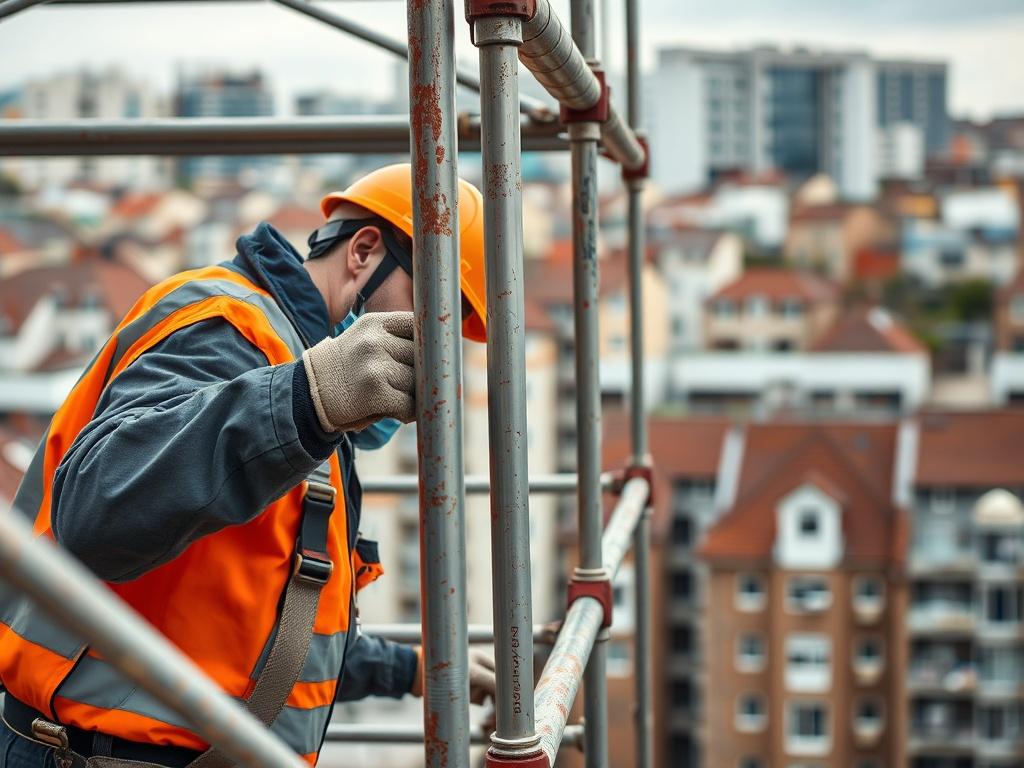 A realistic high-resolution photo of a certified scaffolder at work, focusing on a close-up of the scaffolding structure they are assembling. The background should be a construction site in Liverpool, showcasing a blend of residential and commercial buildings. The composition should emphasize the professionalism and safety of the scaffolding process, captured with a 45mm f/1.2 lens for a detailed and hyper-realistic effect.