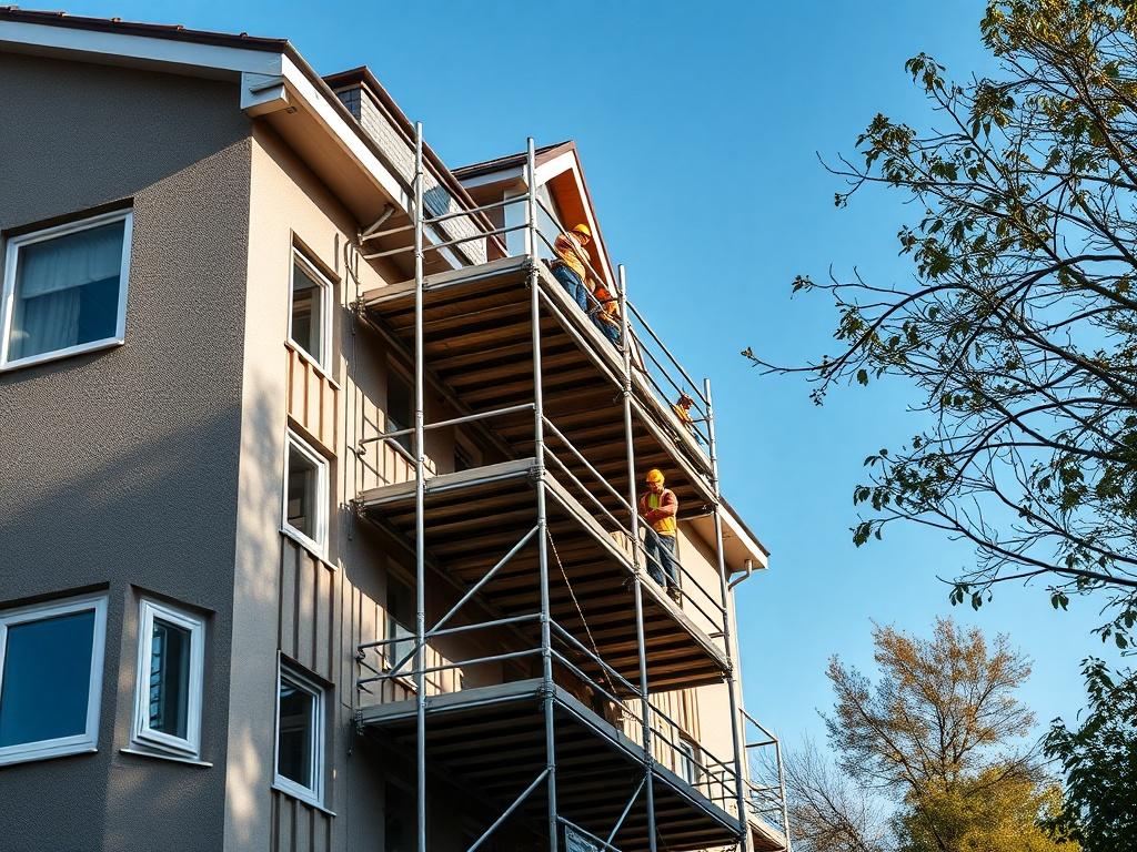 A close-up shot of a residential building with scaffolding around it, showcasing the robust and safe structure. The scaffolding is made of metal, rising up to the roof, with workers in safety gear completing renovations. In the background, there are trees and a clear blue sky, emphasizing a professional and compliant environment. The focus is sharp on the scaffolding and workers, taken with a 45mm f/1.2 lens, capturing the essence of safety and professionalism in residential scaffolding.