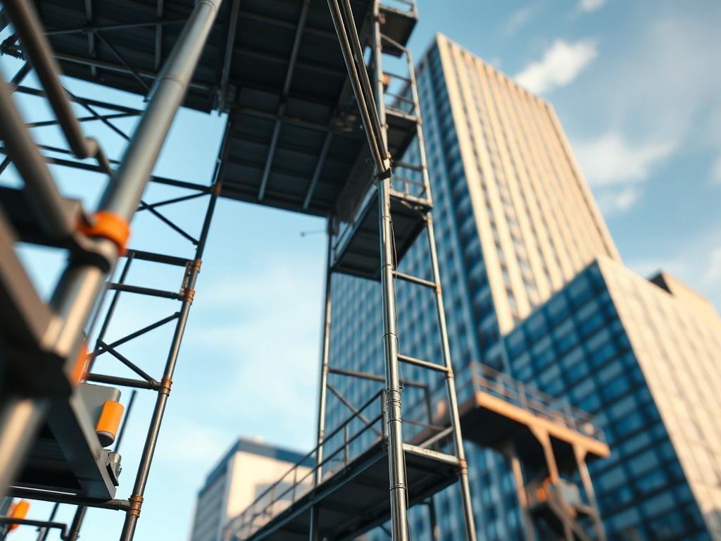 A close up shot of a commercial scaffolding structure erected