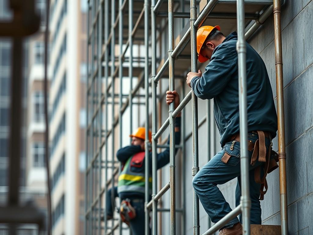 A close up shot of scaffolders skillfully installing scaffolding around