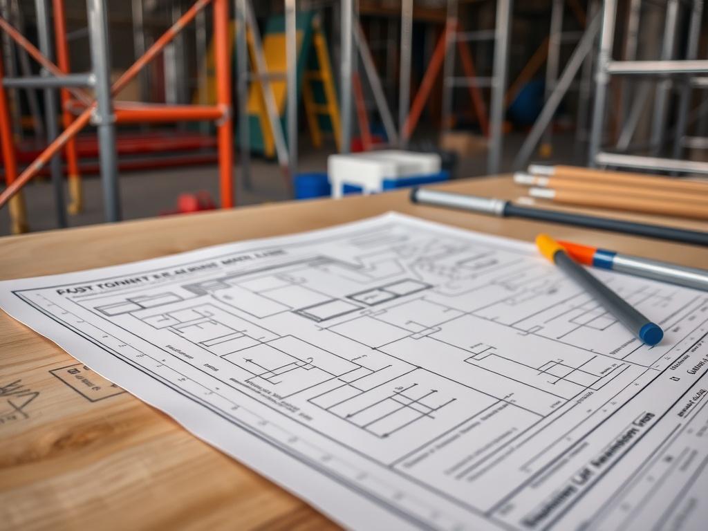A close-up shot of a blueprint for a custom scaffolding design laid out on a table, surrounded by scaffolding materials. The blueprint includes detailed measurements and plans for the scaffolding structure. The background is slightly blurred with scaffolding equipment, emphasizing the custom design focus. The image captures the essence of planning and precision in scaffolding.
