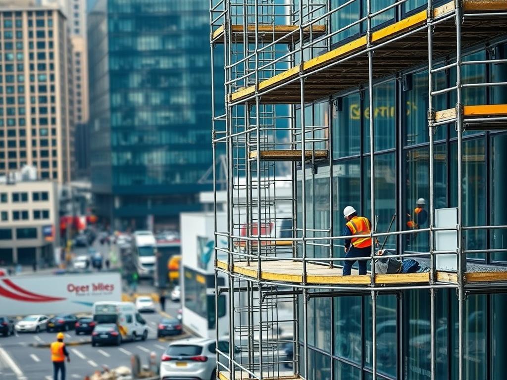 A close-up shot of a commercial construction site with scaffolding erected around a large building. The scene shows scaffolders at work, ensuring safety and efficiency. The background is a bustling urban environment, highlighting the dynamic nature of commercial projects. The focus is on the scaffolding and the skilled workers, showcasing professionalism and quality.