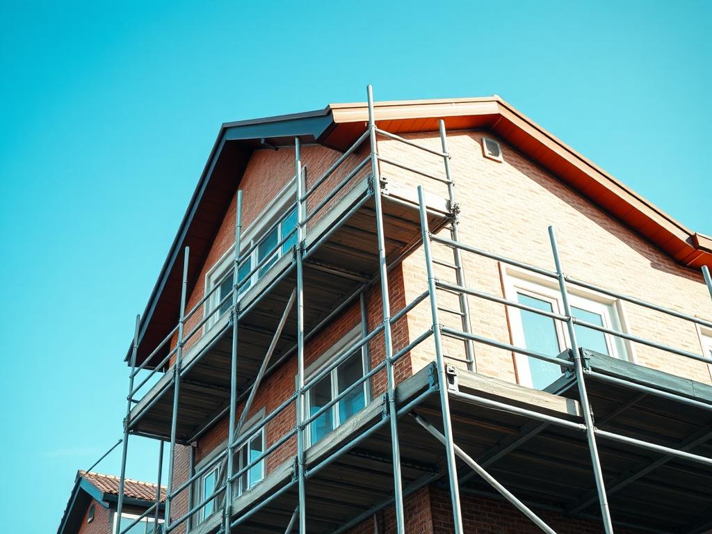 A close-up shot of a residential building undergoing renovation with scaffolding around it. The scaffolding is sturdy and well-assembled, showcasing quality craftsmanship. The background features a clear blue sky, emphasizing a bright day. The focus is on the scaffolding structure, capturing the details of the materials and the safety measures in place.