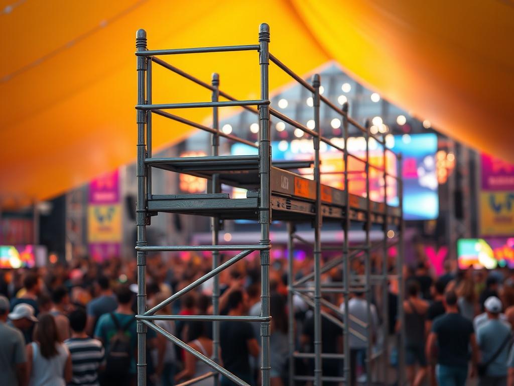 A realistic high-resolution image of a temporary scaffolding setup at an outdoor event, such as a music festival. The scaffolding should be the central focus, showcasing its structure and safety features. The background should feature a vibrant crowd enjoying the event, with colorful banners and stage lights subtly visible. The composition should be clear and simple, emphasizing the scaffolding while capturing the lively atmosphere of the event.