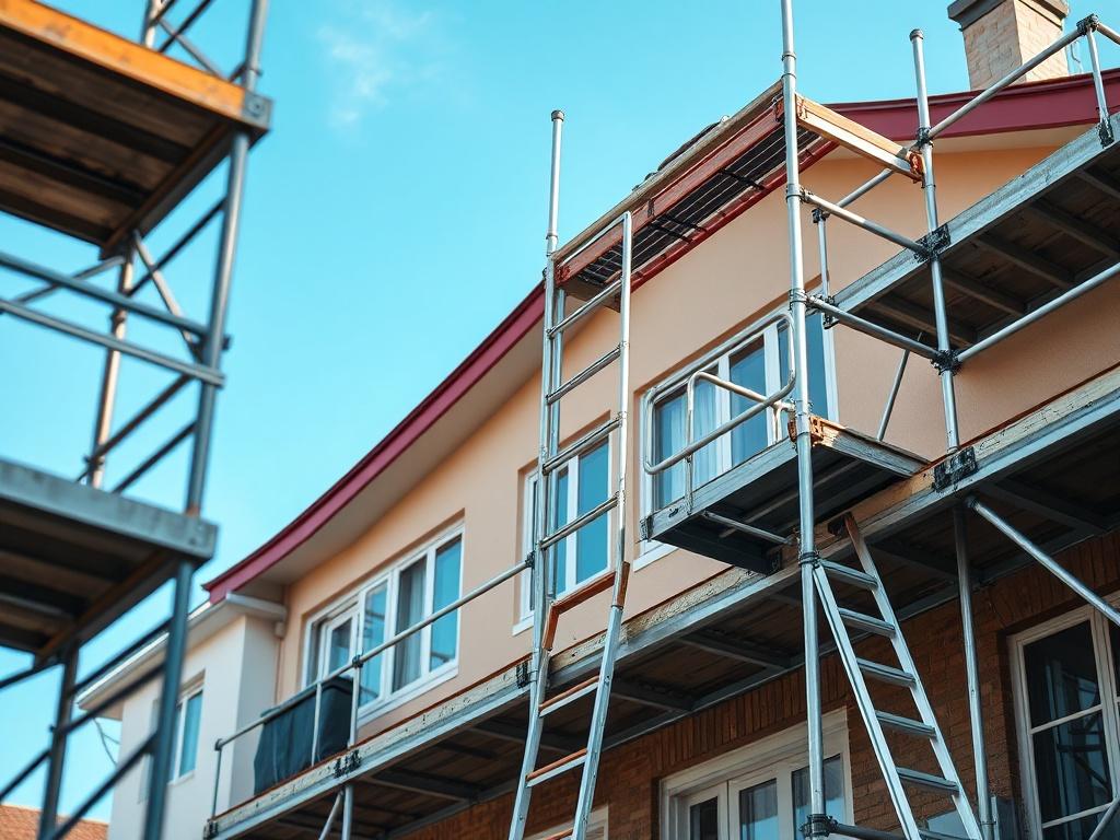 A realistic high-resolution photo of a scaffolding structure set up on a residential building's roof, showcasing sturdy ladders and platforms. The scene should focus on the scaffolding with a clear blue sky in the background. The image should be shot in hyper-realistic detail, emphasizing the quality and safety of the scaffolding materials, with vibrant green accents in the background to reflect the company's primary color scheme.