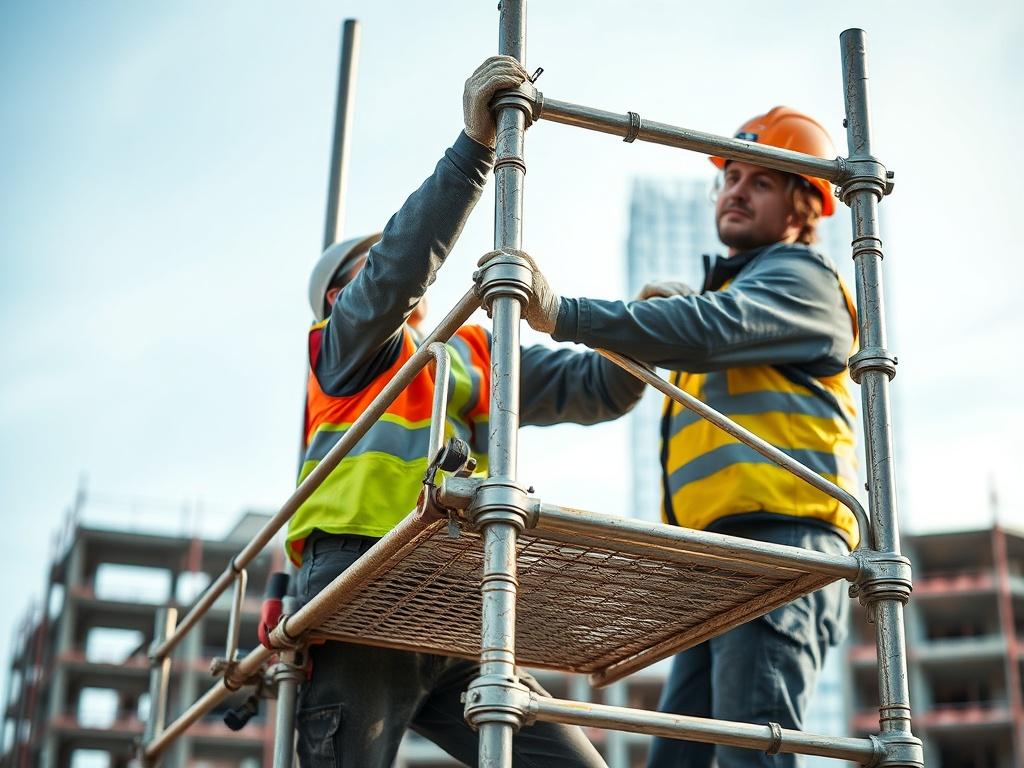 A professional scaffolder carefully dismantling scaffolding on a construction site. The focus is on the scaffold being taken apart piece by piece, showcasing the precision and safety measures involved. The background should include a clear sky and a partially constructed building, emphasizing the work environment. The image should be shot in high resolution with vibrant colors, featuring details of the scaffolding materials and tools used.
