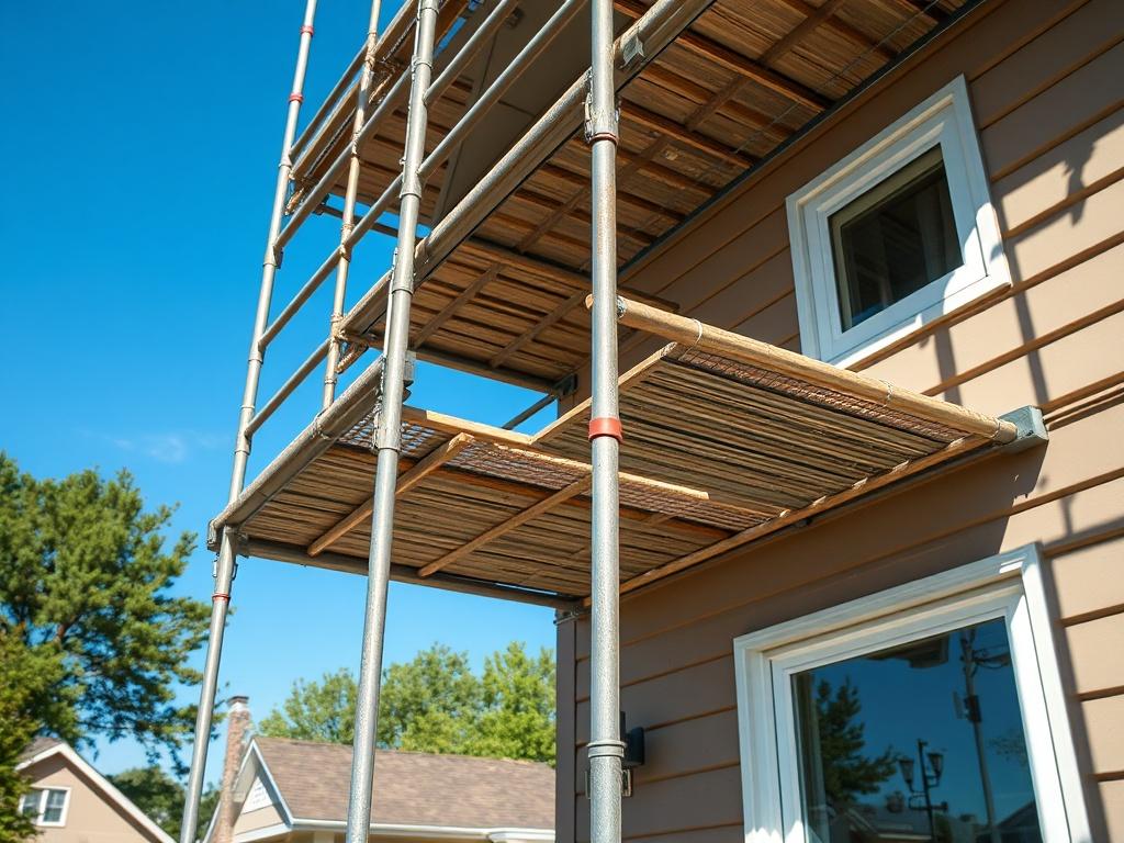 A close-up shot of a residential scaffolding setup, showcasing sturdy and well-erected scaffolding towers attached to a house. The background features a residential neighborhood with trees and clear blue sky. The image should be hyper-realistic, captured with a 45mm f/1.2 lens to highlight the details of the scaffolding.