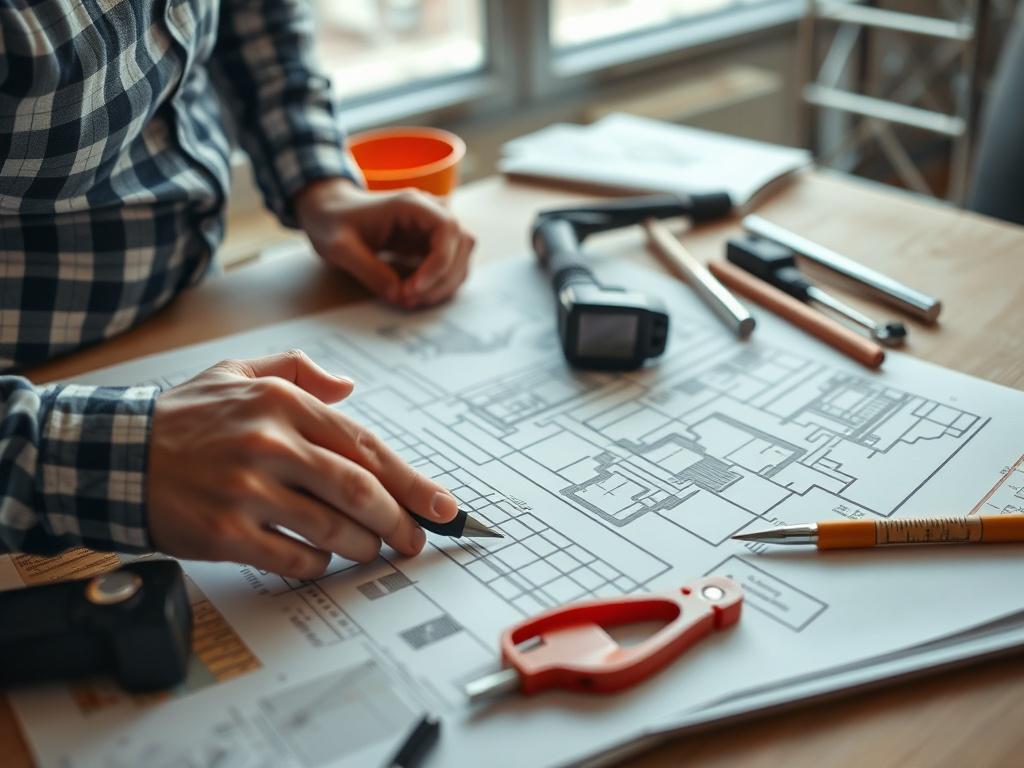 A close-up shot of a scaffolding design plan on a table, with a qualified scaffold designer reviewing the layout. Tools and materials are scattered around, emphasizing a professional consultation environment. The image should be hyper-realistic, captured with a 45mm f/1.2 lens.
