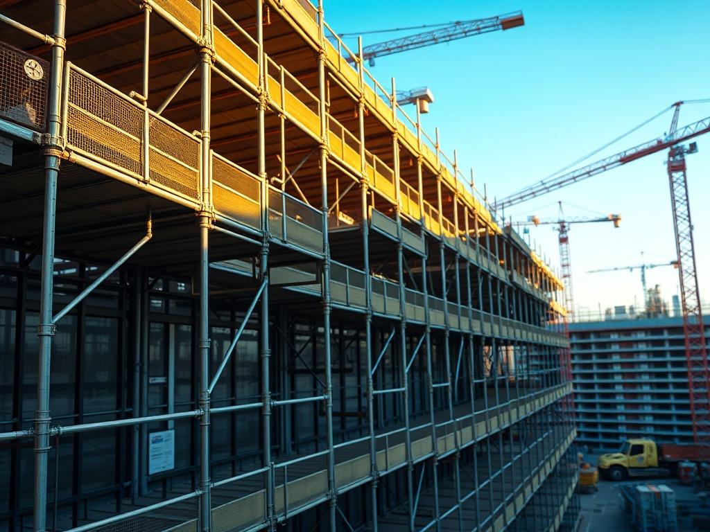 A hyper-realistic close-up image of commercial scaffolding erected around a large building site, highlighting the intricate details of the scaffolding structure. The setting should show cranes and construction workers in the background, with a clear blue sky above, emphasizing the scale and professionalism of the project. The image should be shot with a 45mm f/1.2 lens.