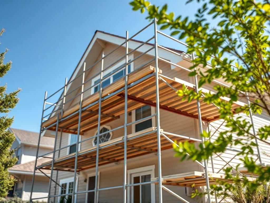 A close-up shot of a residential scaffolding setup in a suburban area, showcasing properly secured scaffolding around a home under renovation. The background should be blurred to emphasize the scaffolding, with clear blue skies overhead and vibrant greenery surrounding the area. The image should be hyper-realistic, shot with a 45mm f/1.2 lens.