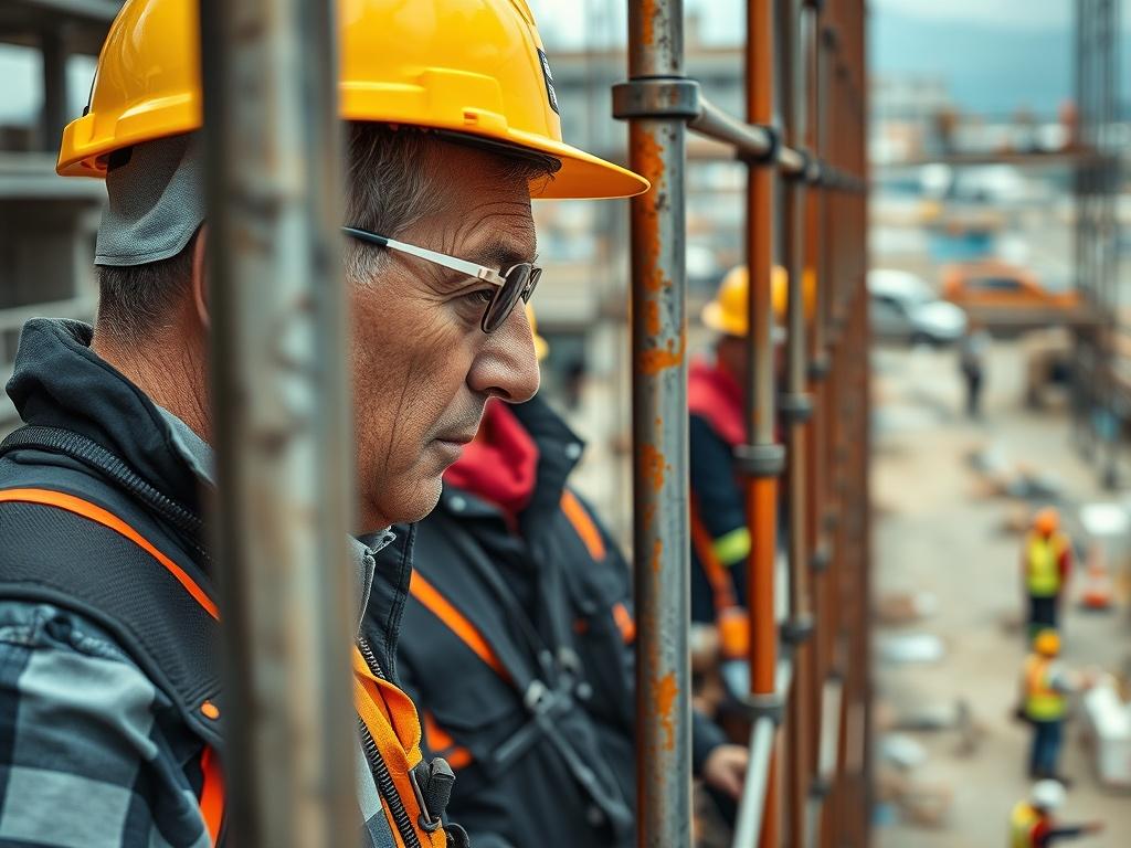 A close-up shot of a scaffold inspector examining a scaffolding structure with safety gear, such as a hard hat and harness. The background should depict a busy construction site, with workers and scaffolding visible. The image should be hyper-realistic, showcasing the attention to detail in safety inspections, and captured with a 45mm f/1.2 lens.