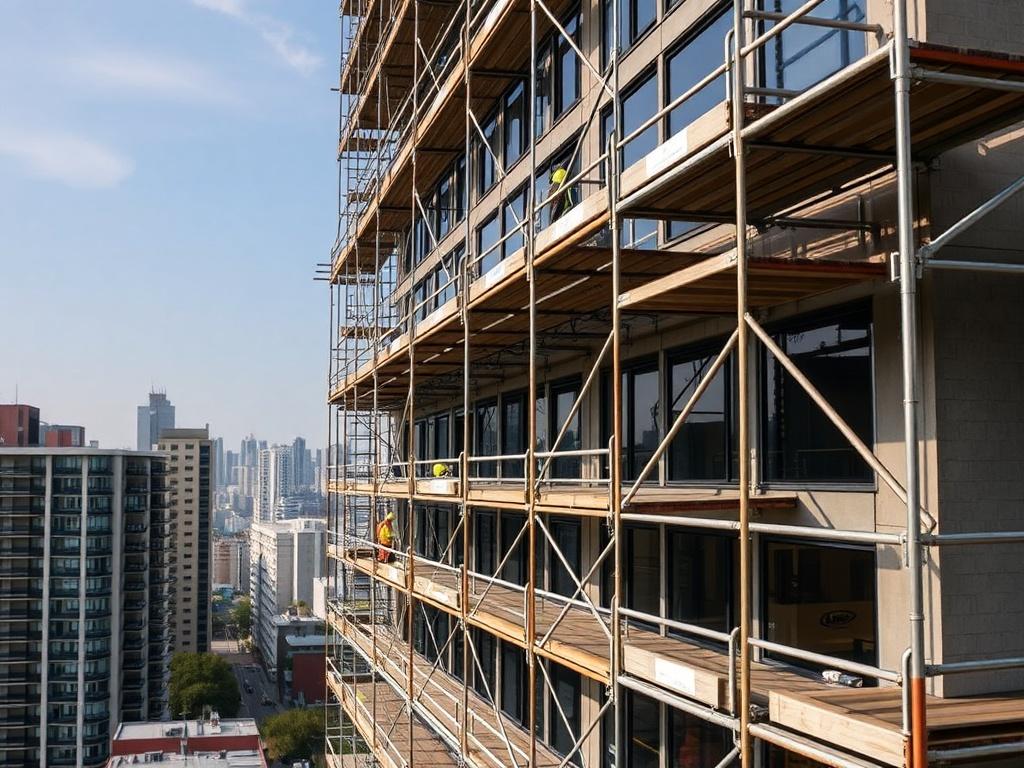 A high-resolution image of a commercial scaffolding project on a large office building. The scaffolding is robust and well-structured, with workers actively engaged in construction. The background features an urban landscape with other buildings and a clear sky. The photograph captures the scale and complexity of the scaffolding, showcasing IZZY Scaffolding Ltd.'s expertise in handling large-scale projects.