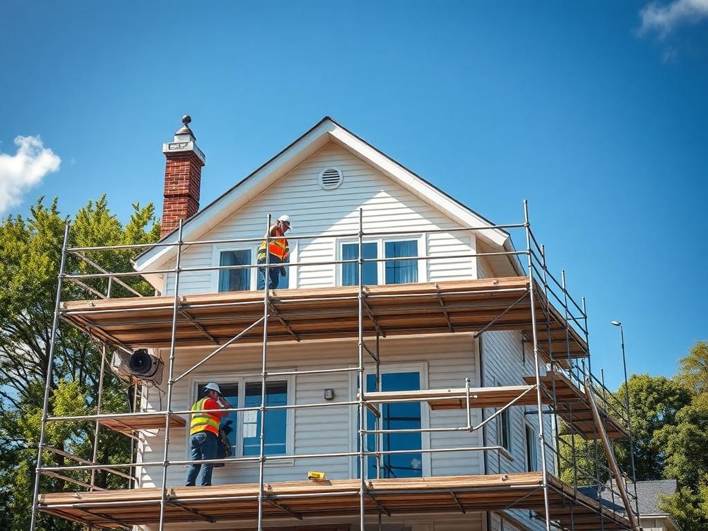 A high-resolution photo of a residential scaffolding project, showcasing a two-story house surrounded by scaffolding. The scaffolding is professionally installed, with clear safety features and workers in safety gear visible. The background features a bright blue sky and green trees, emphasizing a safe and organized work environment. The focus is on the intricate details of the scaffolding structure, highlighting its reliability and quality craftsmanship.