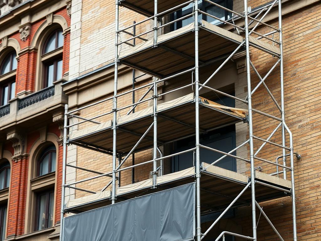 A detailed high-resolution photo of scaffolding erected for a renovation project on an older building. The scaffolding is designed to provide easy access for workers while ensuring safety. The background shows the building's historic architecture, juxtaposed with the modern scaffolding. This image highlights the versatility of IZZY Scaffolding Ltd. in adapting to various project requirements.