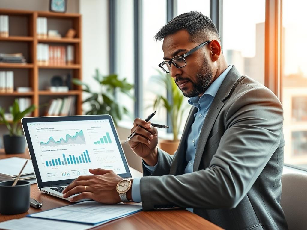 Create a highly detailed, realistic high-resolution photo that encapsulates the theme of "Mastering Tax Planning for Growth." The composition should feature a focused view of a professional-looking business consultant, a middle-aged African American man, deep in thought while analyzing financial documents in a modern office setting. 

The subject should be positioned slightly off-center, wearing smart-casual attire, conveying a sense of professionalism and approachability. The consultant should hold a pen i