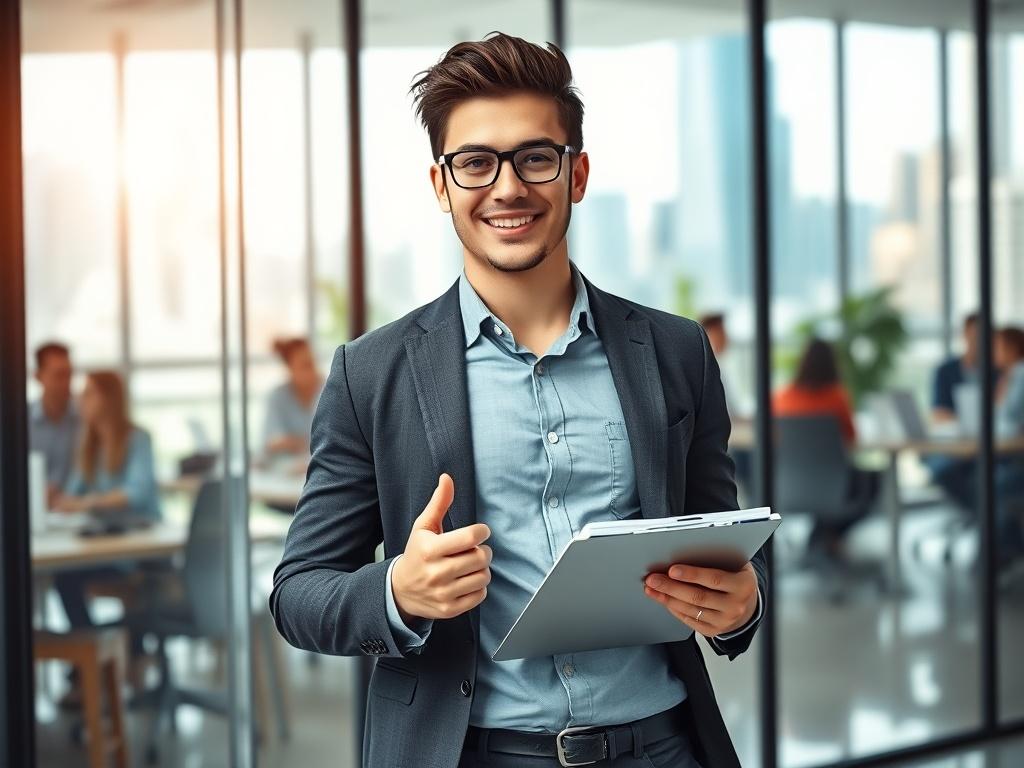 Create a realistic high-resolution photo that symbolizes the essence of startup success. The focal point should be a confident young entrepreneur, standing in a modern office environment. This individual should be dressed in smart-casual attire, exuding determination and enthusiasm while holding a laptop in one hand and a notepad with brainstorming notes in the other. 

The background should consist of an open office space with glass walls, showcasing a bright and airy atmosphere filled with natural light. 