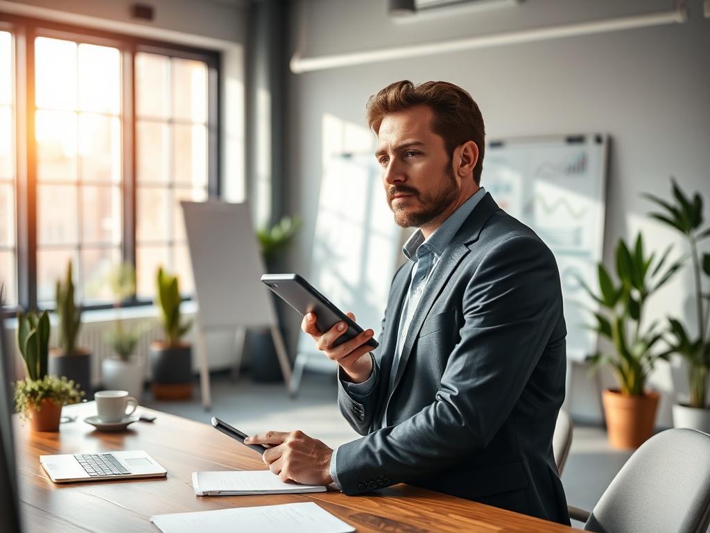 **AI Image Generation Prompt:**

Create a realistic high-resolution photo that captures the essence of “Effective Workforce Management for Small Businesses.” The main subject should be a focused, professional-looking small business owner—preferably a person in business casual attire, standing confidently at a sleek wooden desk in a modern office setting. The individual should be engaged in a meaningful conversation over a smartphone, with a thoughtful expression, symbolizing leadership and effective communi