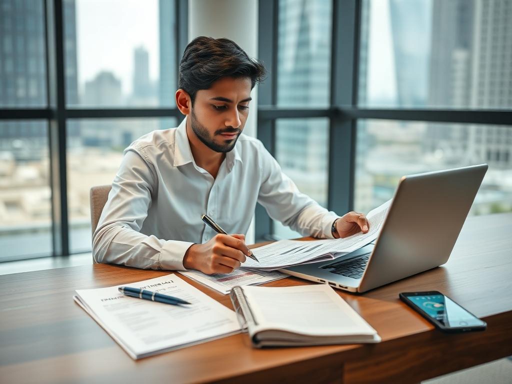Create a highly detailed, realistic high-resolution photo focusing on a single subject that embodies the theme of "Financial Management Essentials for Startups." The composition should be simple and clear, featuring a well-organized workstation. 

**Subject Matter**: The image should showcase a professional individual sitting at a sleek wooden desk. This person, a young entrepreneur of South Asian descent, is intently reviewing financial documents and spreadsheets on a laptop. They wear a crisp white shirt,