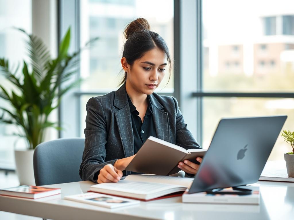 **AI Image Generation Prompt:**

Create a realistic high-resolution photo that encapsulates the essence of "5 Essential Content Marketing Tips for Startups." The composition should be simple and clear, featuring a single subject that embodies the concept of effective content marketing. 

- **Subject Matter:** A confident young entrepreneur, perhaps a woman in business-casual attire, sitting at a sleek, modern workspace. She should be thoughtfully reviewing content ideas on a laptop while taking notes in a s