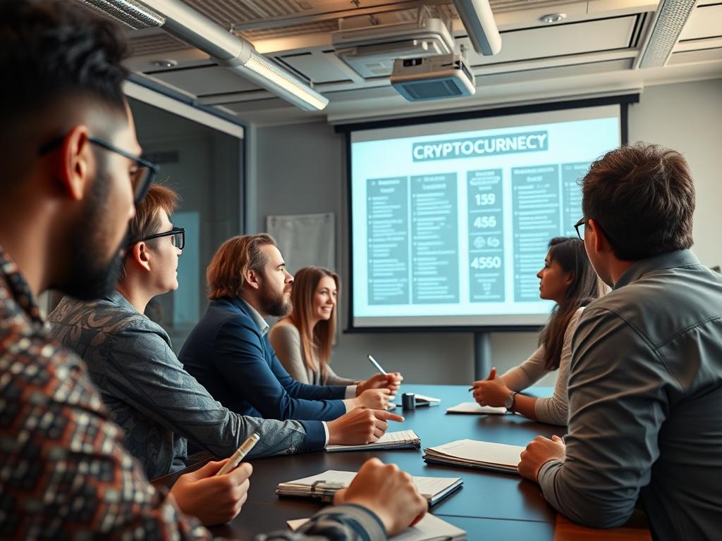 A close-up shot of a diverse group of employees engaged in a cryptocurrency training session. The trainer is using a projector to display key concepts on a screen. The atmosphere is collaborative, with employees taking notes and asking questions. The image should reflect a positive learning environment, rendered in hyper-realistic detail.