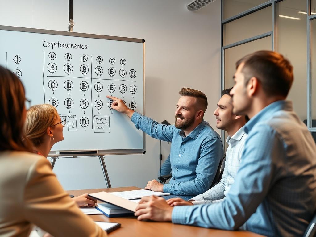 A close-up shot of a business consultant explaining cryptocurrency concepts to a small group of business owners. The setting is a modern office with a whiteboard displaying cryptocurrency symbols. The consultant is engaged and pointing to the whiteboard, with attentive listeners in the foreground. The image should capture the essence of learning and adoption in a professional environment, rendered in hyper-realistic detail.
