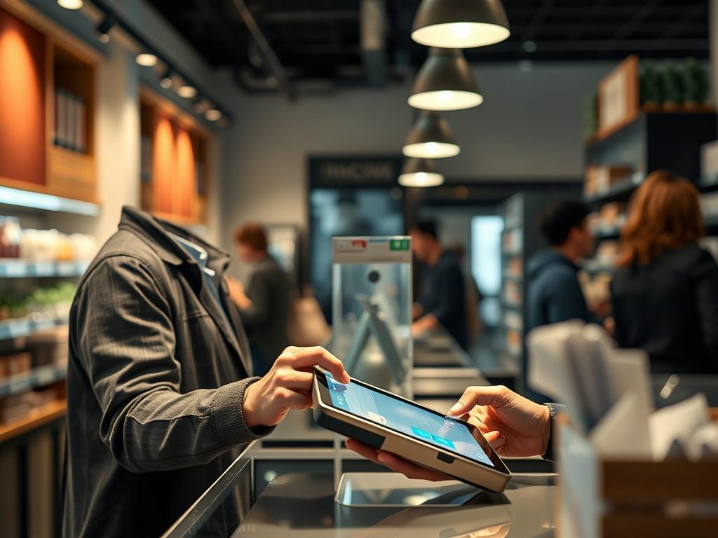 A close-up shot of a business owner at a checkout counter, using a cryptocurrency payment system on a tablet. The background should show a modern retail space with customers engaging. The image should convey the ease of using digital currency for transactions, highlighting the interaction between the owner and the technology, rendered in hyper-realistic detail.