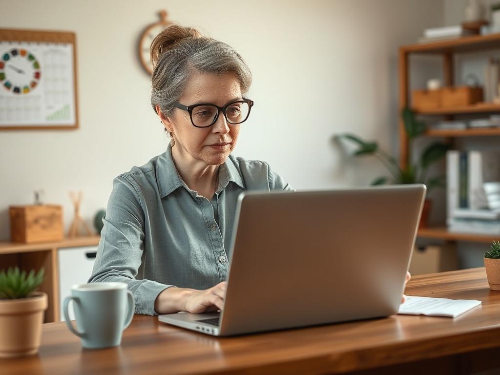 **AI Image Generation Prompt:**

Create a realistic high-resolution photo that illustrates the concept of navigating common challenges faced by small businesses. The image should feature a determined small business owner, a middle-aged woman, sitting at a tidy wooden desk in a well-lit office environment. She is focused on her laptop, displaying an expression of concentration and problem-solving as she reviews documents and plans. 

The background should be soft and unobtrusive, showcasing elements like a p